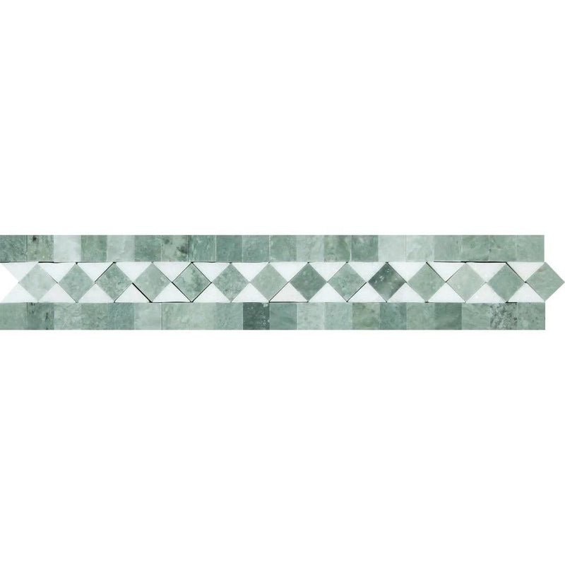 2x12 Honed Thassos White Marble BIAS Border w/ Ming Green Dots