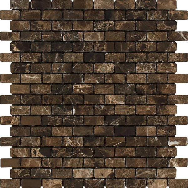 5/8x1 1/4 Tumbled Emperador Dark Marble Baby Brick Mosaic Tile