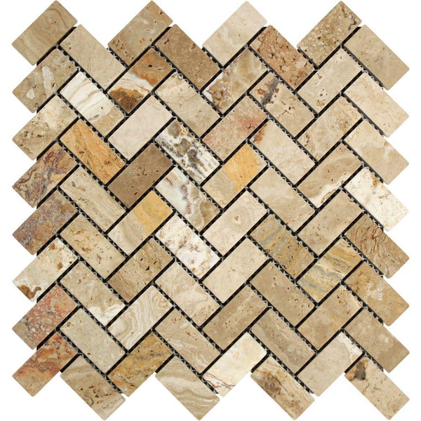 1x2 Tumbled Valencia Travertine Herringbone Mosaic Tile